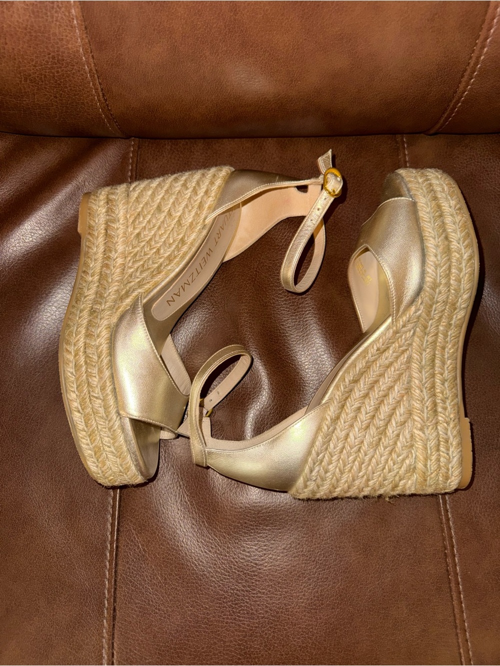 Stuart Weitzman Gold Espadrille Wedge Sandals with Ankle Strap - Picture 2 of 8